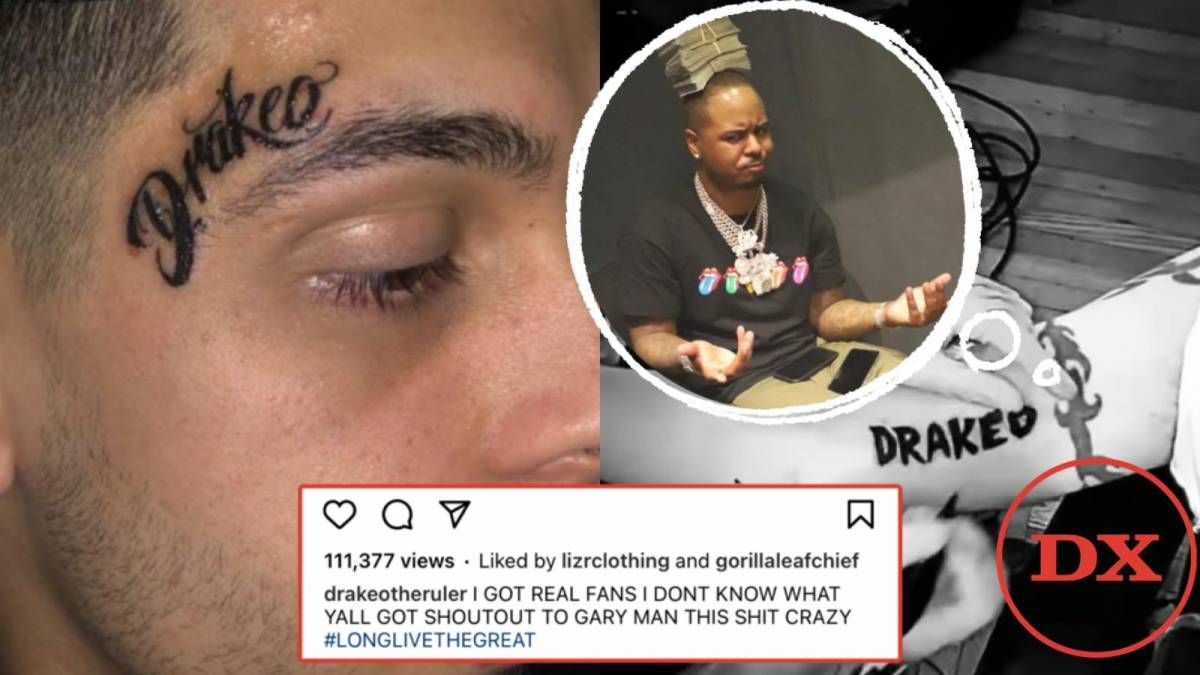 Drakeo The Ruler Fan acrobacias con un tatuaje en la cara del nombre del rapero 'Talk To Me